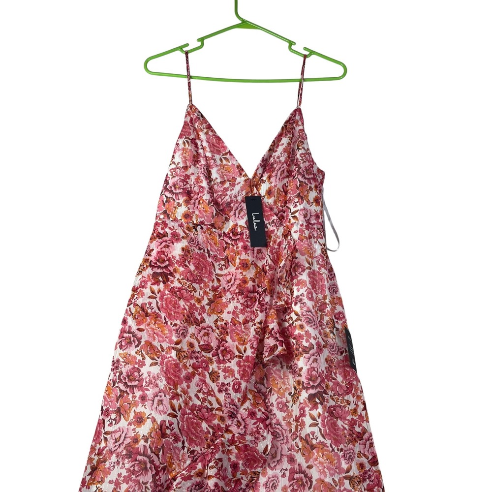 Lulus Maxi Floral Tiered Ruffle Dress Womens M Pink Red Sleeveless - Picture 4 of 9